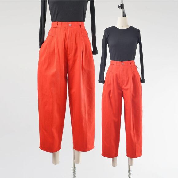 Vintage Pants - Vintage 80s Red Cotton Pleated Front Ankle Length Pants size M